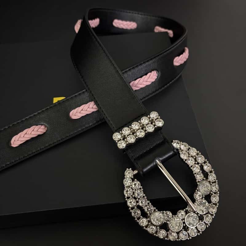 26SS Leather Belt Rhinestone Buckle Pink Cutout Full Grain Waist Belt