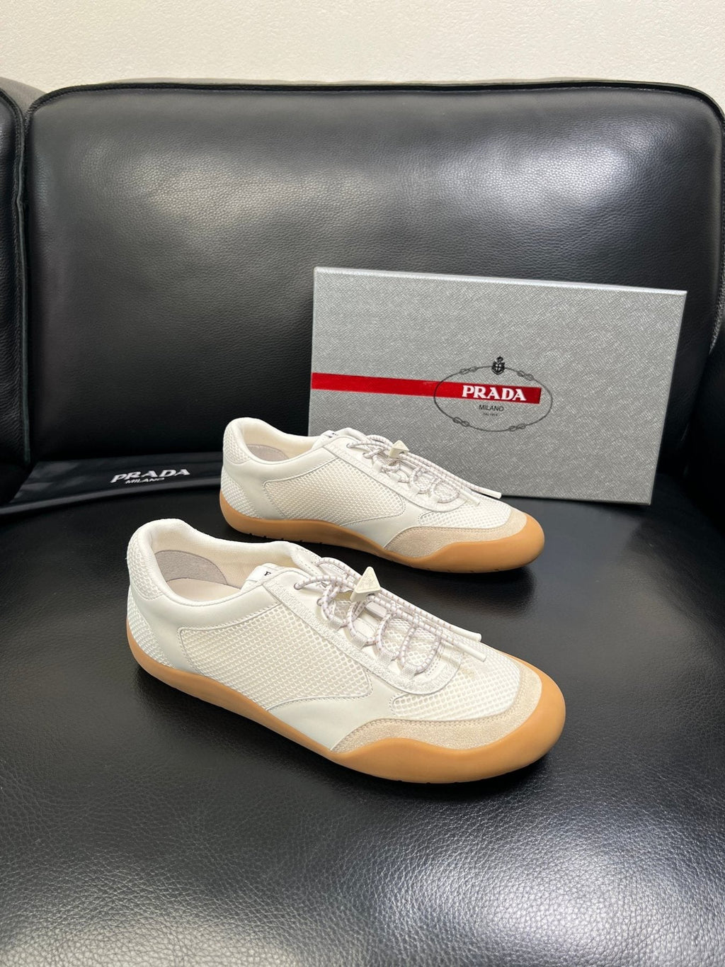 Prada Men's White Gum Sole Low-Top Sneakers