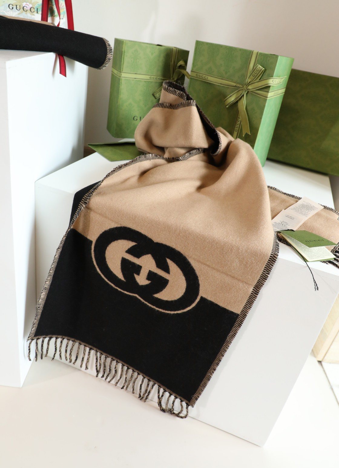 Gucci Beige and Black Fringed Scarf